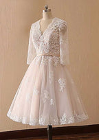 Graceful A-Line V-Neck Full Long Sleeve Lace Tulle Tea-Length Wedding Dress with Waistband BM bride