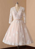 Graceful A-Line V-Neck Full Long Sleeve Lace Tulle Tea-Length Wedding Dress with Waistband BM bride
