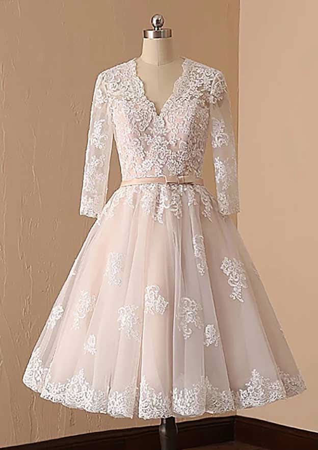 Graceful A-Line V-Neck Full Long Sleeve Lace Tulle Tea-Length Wedding Dress with Waistband BM bride