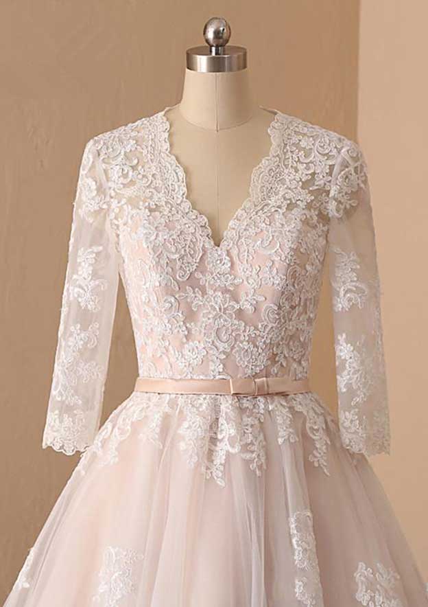 Graceful A-Line V-Neck Full Long Sleeve Lace Tulle Tea-Length Wedding Dress with Waistband BM bride