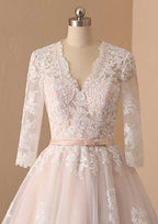Graceful A-Line V-Neck Full Long Sleeve Lace Tulle Tea-Length Wedding Dress with Waistband BM bride