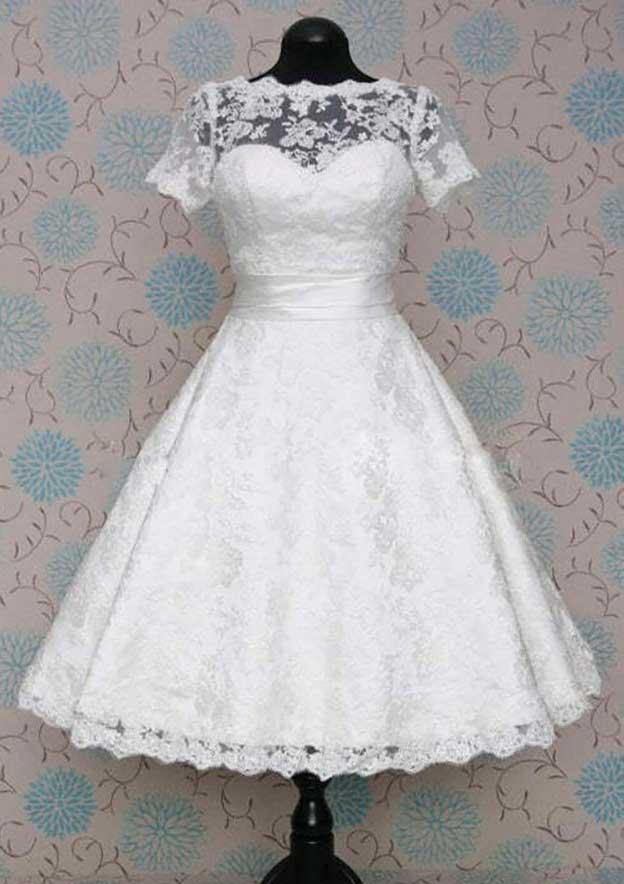 Stylish A-Line Scalloped Neck Short Sleeve Lace Satin Tea-Length Wedding Dress with a Beautiful Waistband BM bride