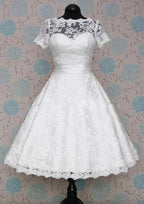 Stylish A-Line Scalloped Neck Short Sleeve Lace Satin Tea-Length Wedding Dress with a Beautiful Waistband BM bride