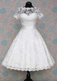 Stylish A-Line Scalloped Neck Short Sleeve Lace Satin Tea-Length Wedding Dress with a Beautiful Waistband BM bride