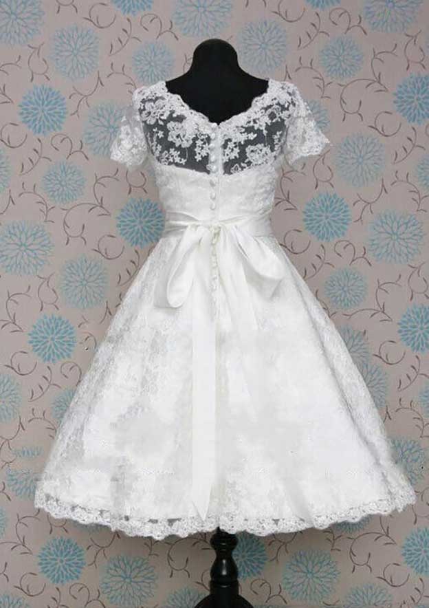 Stylish A-Line Scalloped Neck Short Sleeve Lace Satin Tea-Length Wedding Dress with a Beautiful Waistband BM bride