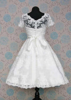 Stylish A-Line Scalloped Neck Short Sleeve Lace Satin Tea-Length Wedding Dress with a Beautiful Waistband BM bride