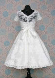 Stylish A-Line Scalloped Neck Short Sleeve Lace Satin Tea-Length Wedding Dress with a Beautiful Waistband BM bride
