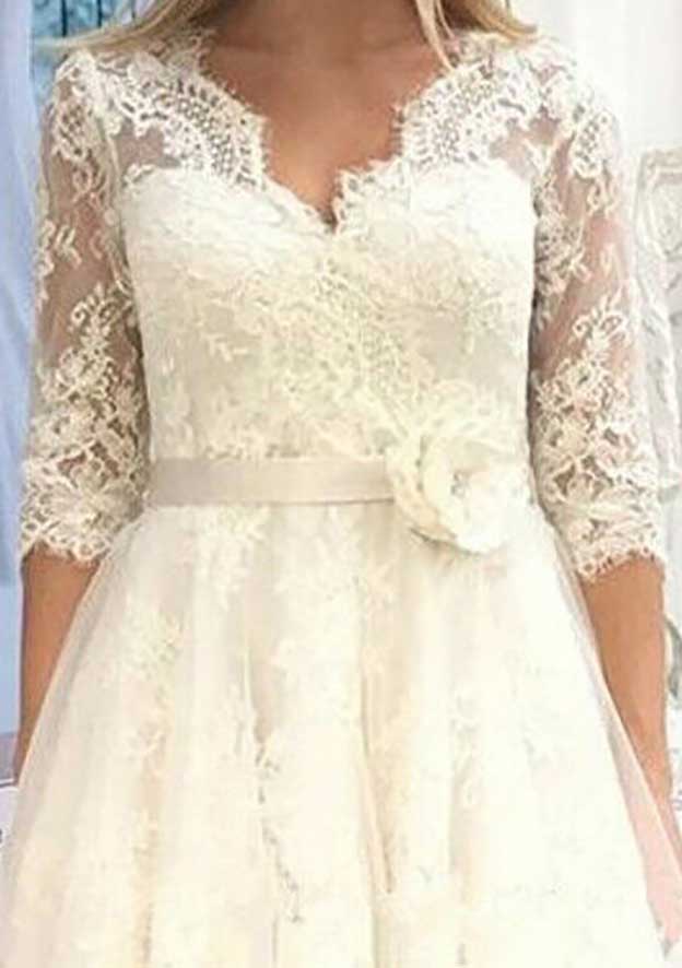 Refined A-Line V-Neck 3/4 Sleeve Tea-Length Tulle Lace Wedding Dress with Flower Waistband BM bride