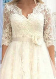 Refined A-Line V-Neck 3/4 Sleeve Tea-Length Tulle Lace Wedding Dress with Flower Waistband BM bride