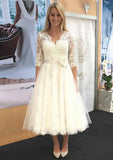 Refined A-Line V-Neck 3/4 Sleeve Tea-Length Tulle Lace Wedding Dress with Flower Waistband BM bride