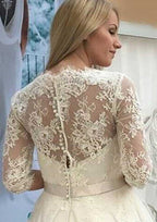 Refined A-Line V-Neck 3/4 Sleeve Tea-Length Tulle Lace Wedding Dress with Flower Waistband BM bride