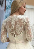 Refined A-Line V-Neck 3/4 Sleeve Tea-Length Tulle Lace Wedding Dress with Flower Waistband BM bride