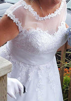 Elegant Scoop Neck Sleeveless Tea-Length Lace Tulle Wedding Dress with Pleated Details in A-Line Design BM bride