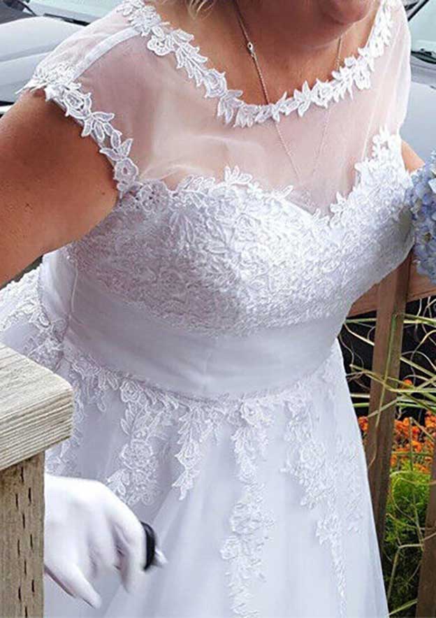 Elegant Scoop Neck Sleeveless Tea-Length Lace Tulle Wedding Dress with Pleated Details in A-Line Design BM bride
