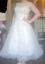 Elegant Scoop Neck Sleeveless Tea-Length Lace Tulle Wedding Dress with Pleated Details in A-Line Design BM bride