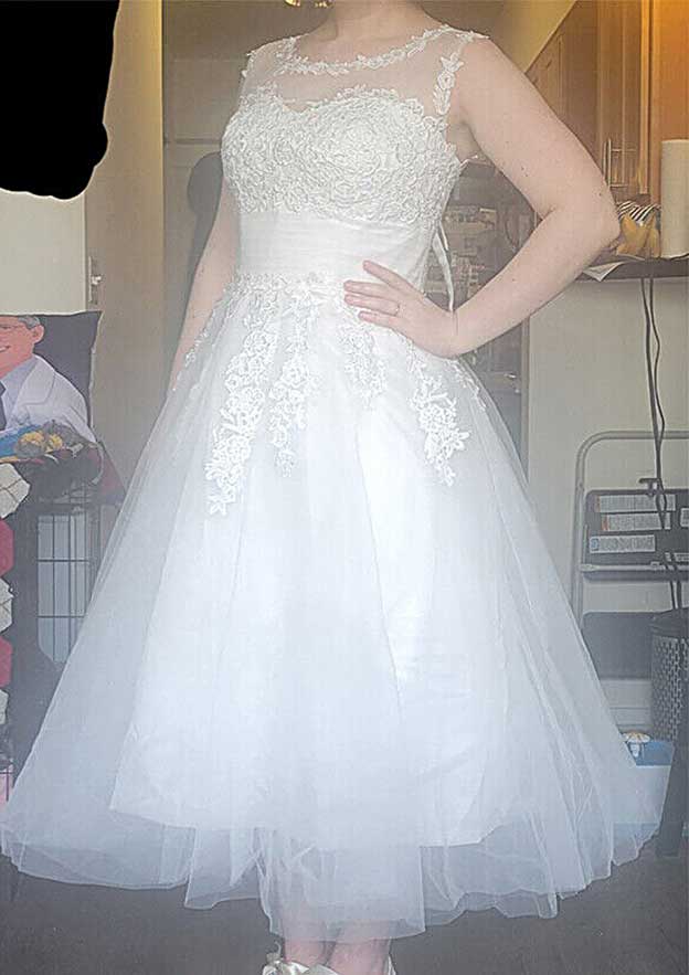 Elegant Scoop Neck Sleeveless Tea-Length Lace Tulle Wedding Dress with Pleated Details in A-Line Design BM bride