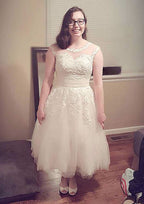 Elegant Scoop Neck Sleeveless Tea-Length Lace Tulle Wedding Dress with Pleated Details in A-Line Design BM bride