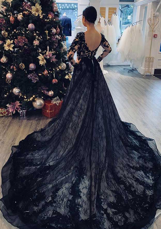 Regal Ball Gown: V-Neck Full Long Sleeve with Chapel Train and Lace Details BM bride