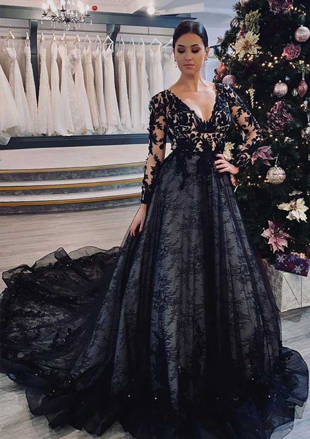 Regal Ball Gown: V-Neck Full Long Sleeve with Chapel Train and Lace Details BM bride