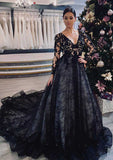 Regal Ball Gown: V-Neck Full Long Sleeve with Chapel Train and Lace Details BM bride