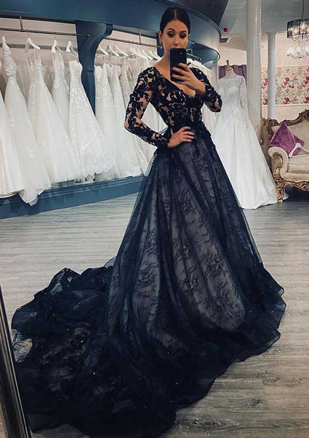 Regal Ball Gown: V-Neck Full Long Sleeve with Chapel Train and Lace Details BM bride