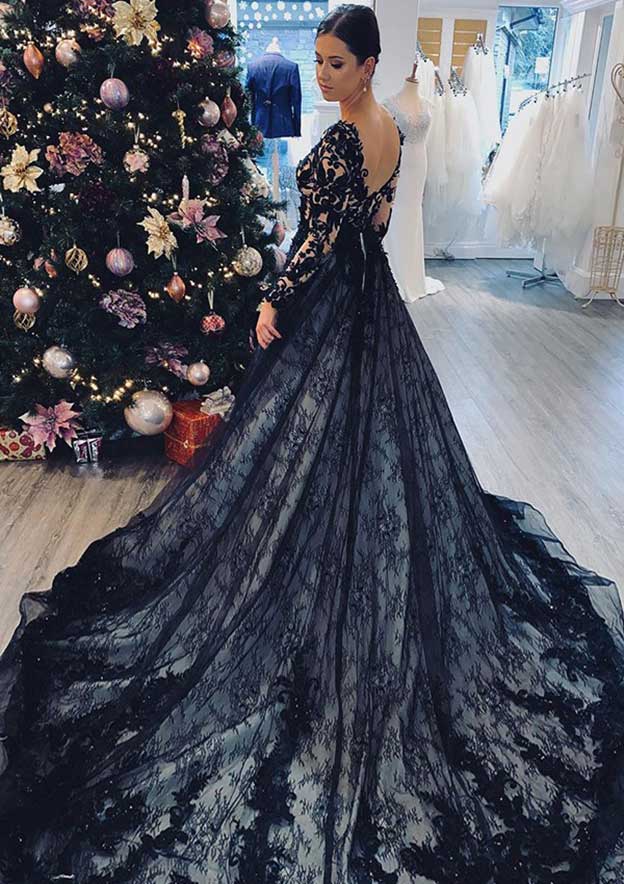 Regal Ball Gown: V-Neck Full Long Sleeve with Chapel Train and Lace Details BM bride