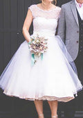 Chic Bateau Sleeveless Tea-Length Tulle Wedding Dress with Lace Waistband in A-Line/Princess Style BM bride