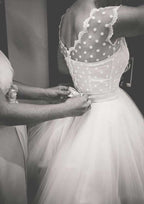 Chic Bateau Sleeveless Tea-Length Tulle Wedding Dress with Lace Waistband in A-Line/Princess Style BM bride