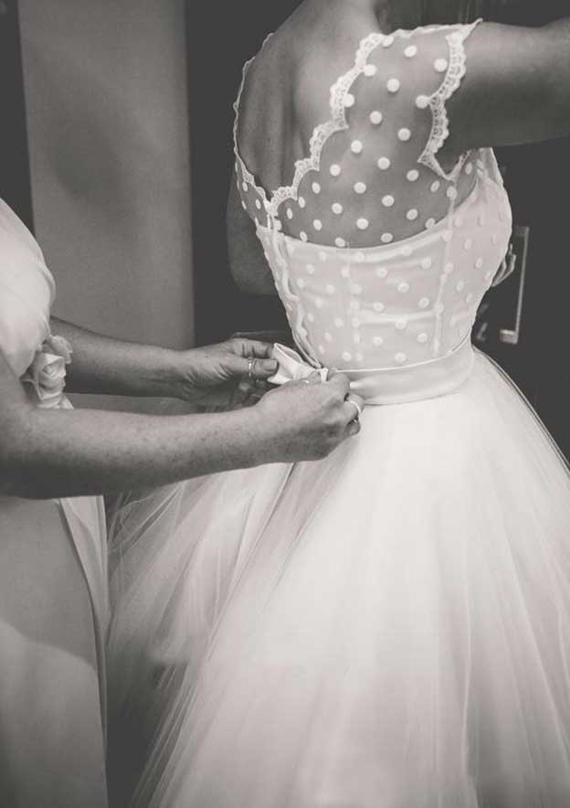 Chic Bateau Sleeveless Tea-Length Tulle Wedding Dress with Lace Waistband in A-Line/Princess Style BM bride