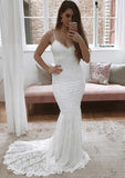 Elegant V-Neck Sleeveless Court Train Lace Wedding Dress in Trumpet/Mermaid Silhouette BM bride