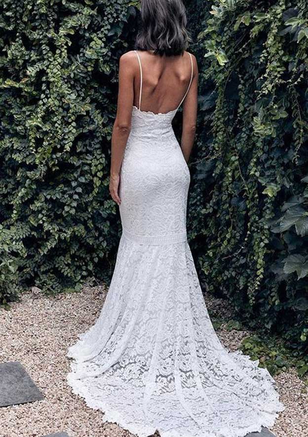 Elegant V-Neck Sleeveless Court Train Lace Wedding Dress in Trumpet/Mermaid Silhouette BM bride