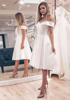 Sophisticated A-Line Off-the-Shoulder Sleeveless Knee-Length Satin Wedding Dress BM bride