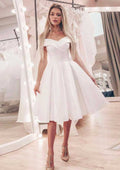 Sophisticated A-Line Off-the-Shoulder Sleeveless Knee-Length Satin Wedding Dress BM bride