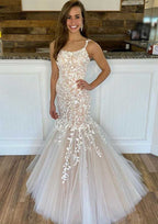 Sophisticated Square Neckline Sleeveless Long/Floor-Length Lace Tulle Wedding Dress in Trumpet/Mermaid Fit BM bride