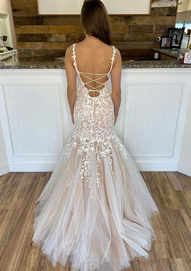 Sophisticated Square Neckline Sleeveless Long/Floor-Length Lace Tulle Wedding Dress in Trumpet/Mermaid Fit BM bride