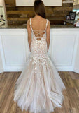 Sophisticated Square Neckline Sleeveless Long/Floor-Length Lace Tulle Wedding Dress in Trumpet/Mermaid Fit BM bride