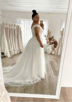 Graceful Off-the-Shoulder Sleeveless Court Train Lace Tulle Wedding Dress in A-Line Design BM bride