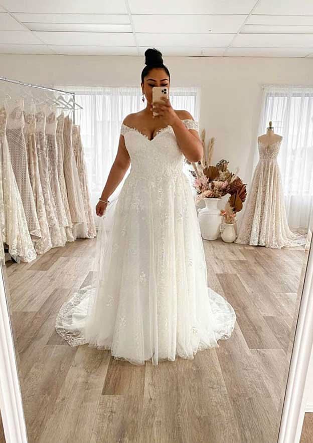 Graceful Off-the-Shoulder Sleeveless Court Train Lace Tulle Wedding Dress in A-Line Design BM bride