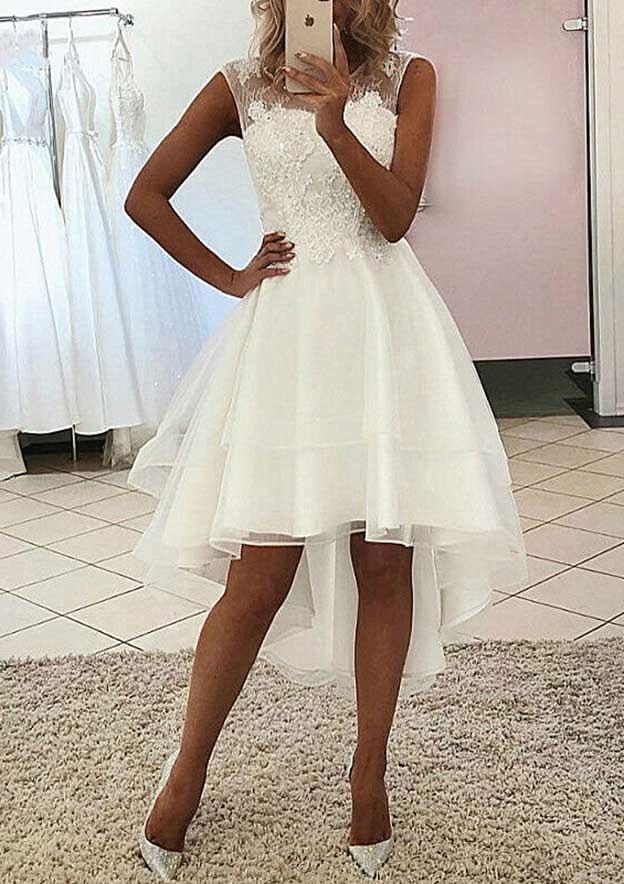 Stylish A-Line Sleeveless Asymmetrical Wedding Dress: Tulle with Elegant Lace Accents BM bride