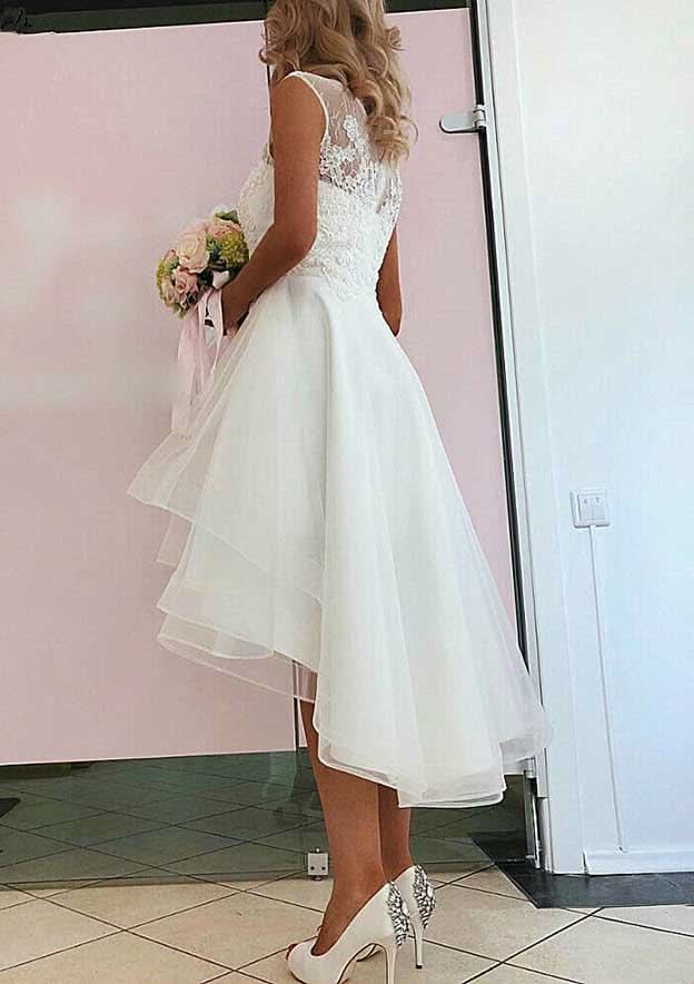 Stylish A-Line Sleeveless Asymmetrical Wedding Dress: Tulle with Elegant Lace Accents BM bride