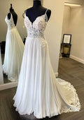 Charming A-Line V-Neck Sleeveless Wedding Dress: Court Train in Chiffon with Beading and Lace BM bride