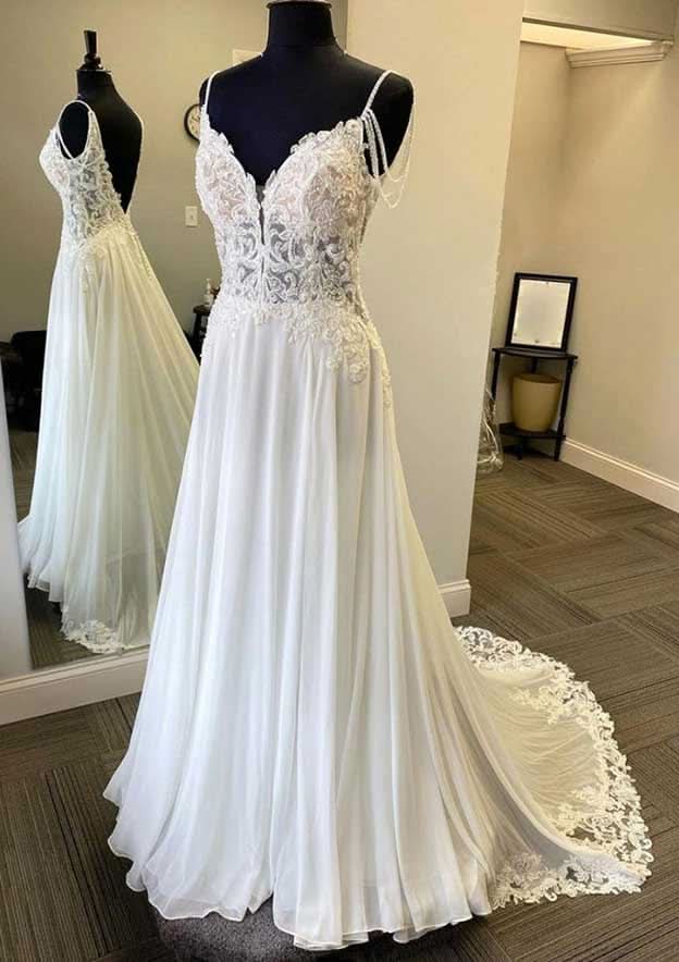 Charming A-Line V-Neck Sleeveless Wedding Dress: Court Train in Chiffon with Beading and Lace BM bride