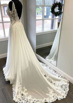 Charming A-Line V-Neck Sleeveless Wedding Dress: Court Train in Chiffon with Beading and Lace BM bride