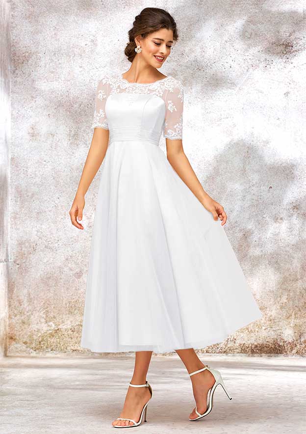 Classic A-Line Bateau Short Sleeve Tea-Length Wedding Dress in Tulle and Satin with Appliqued Lace BM bride