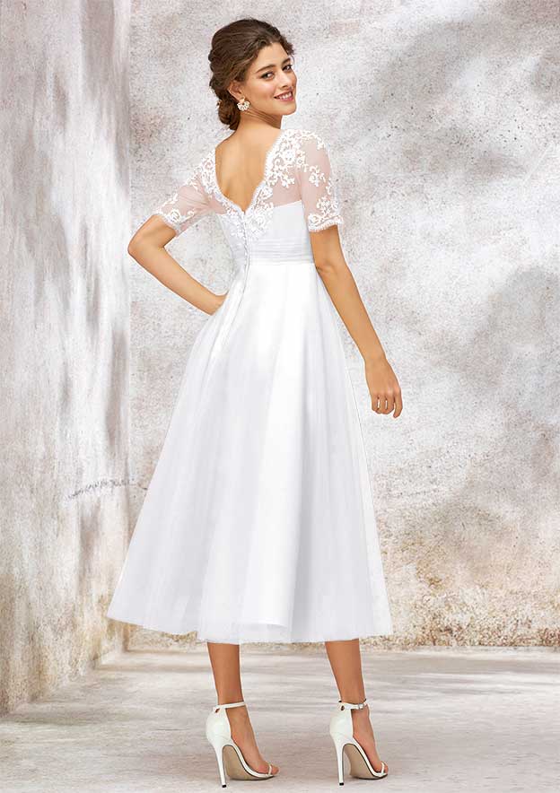 Classic A-Line Bateau Short Sleeve Tea-Length Wedding Dress in Tulle and Satin with Applique Lace BM bride