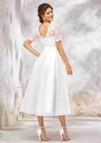 Classic A-Line Bateau Short Sleeve Tea-Length Wedding Dress in Tulle and Satin with Applique Lace BM bride