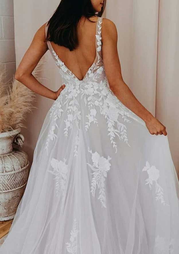 Romantic V-Neck Sleeveless Court Train Lace Tulle Wedding Dress in A-Line Design BM bride