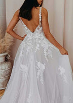 Romantic V-Neck Sleeveless Court Train Lace Tulle Wedding Dress in A-Line Design BM bride