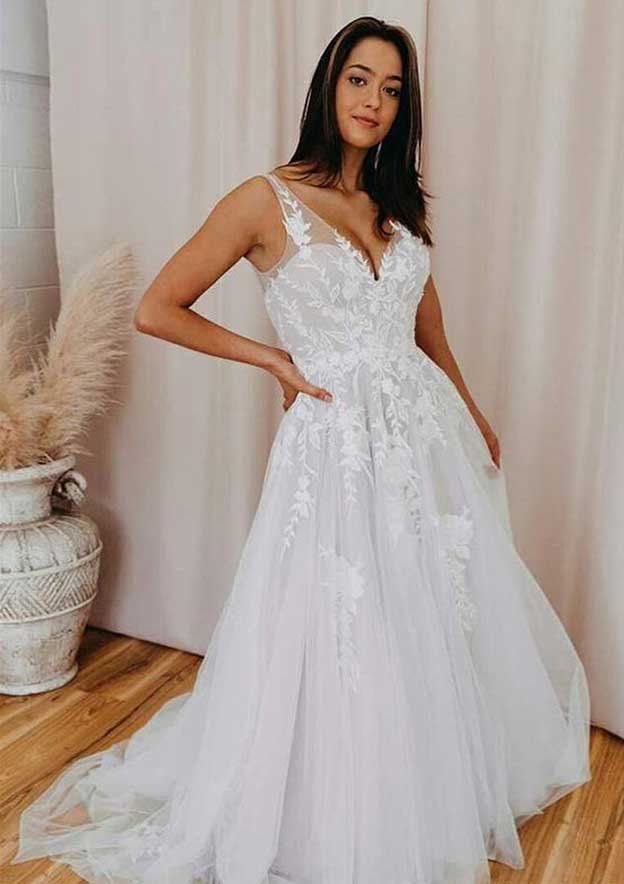 Romantic V-Neck Sleeveless Court Train Lace Tulle Wedding Dress in A-Line Design BM bride