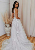 Romantic V-Neck Sleeveless Court Train Lace Tulle Wedding Dress in A-Line Design BM bride